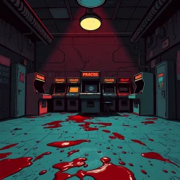 Comic style, desolate dark arcade, blood on the floor, no humans