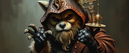 master oil painting with some air brush, fluffy human thief hyena merchant sailor priest realistic and creepy, with gauntlets , straight from the lich lab, in the style of Escher and Titian