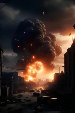 Create visuals of explosions and gunfire erupting amidst the cityscape, conveying a sense of chaos and danger. image ratio: 16:9
