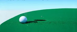 golf ball with shadow next to the hole, ground is short groomed natural green grass, clear blue sky, add texture and depth, realism
