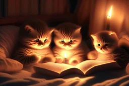phosphorescent glowing cute soft chubby kittens in a bedroom, reading a book by candlelight on the bed