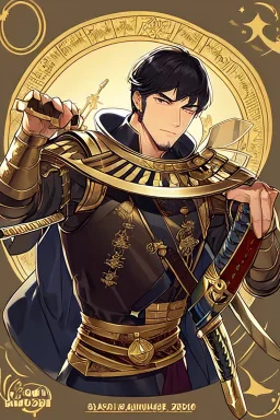 A handsome 30 year old knight, black hair, male bob haircut, in black-and-gold plate armor, golden katana in both hands, no beard, european