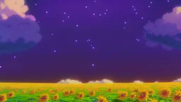 purple sky full of stars, sunflower field, anime, high res, makoto shinkai