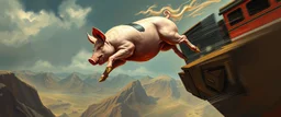 faster than a greased muscle shiny disco pig on a runaway train jumping over the cliff . speed and energy, painted by Rembrandt and fallout 4