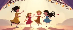 illustration of children playing and dancing. fantastic lighting, chaabi children's book proportions, on a light background