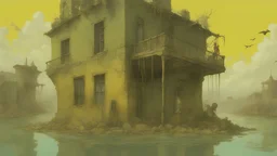 The living man and living woman unpacked from the aluminum foil KISS THE WATER Graffiti falls UNDER the pale yellow and olive green WATER, at the bottom of the cloudy water lie some bones, rust-colored ruins of a house covered with human dust. Full-scale telepathy of dystopian eras.