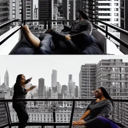 a man and a woman screaming at each other on a balcony, downtown new york, dramatic, dramatic lighting, volumetric lighting, hyperrealism, 8k, high quality, photorealistic, lot of details