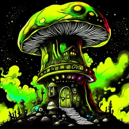 A fantabulous black, yellow, and green (((mushroom tower house))) erected atop a (geologic pillar), surrounded by the uncanny imaginative ((( swirling skies))), offset by the stark hues of a (neon-tinged nebulous space scape), within. captured by the hand a skilled master painter with a focus on (softly blurred compositions and voluminous lighting).