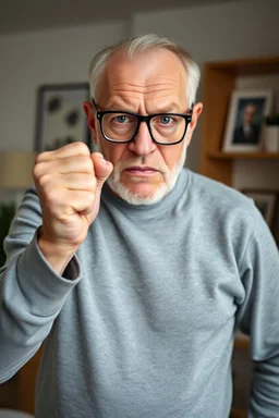 Portrait of angry caucasian senior man wearing eyeglasses and showing big fist standing at home indoor
