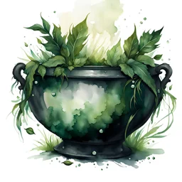 watercolor, dark style, dark green vintage witch's cauldron white emeralds and with grass and leaves, Trending on Artstation, {creative commons}, fanart, AIart, {Woolitize}, by Charlie Bowater, Illustration, Color Grading, Filmic, Nikon D750, Brenizer Method, Side-View, Perspective, Depth of Field, Field of View, F/2.8, Lens Flare, Tonal Colors, 8K, Full-HD, ProPhoto