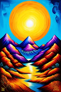 the sun is a sunny side up egg shining down on purple mountains majesty; dynamic cubism; in the style of Van Gogh; Lowbrow