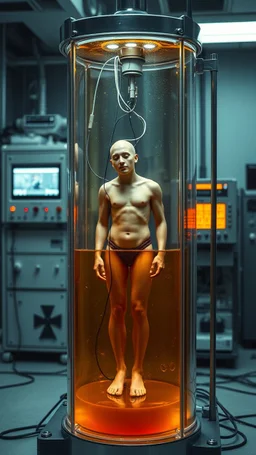 Sleeper in tube cabinet made of glass filled with honey coloured liquid , in a laboratory inside it a human body standing vertically , connected with wires and electrical wires , the human standing in side, a high tech equipment in the background ,4K, cinematic, high resolution