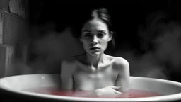 monochrome photo of very blur face sad pale woman sitting in bath tube around her red water, in bath, blur fog, background one black demonic shadow, dark gray old wall, darkness around, sad, surreal dark vibe, dark colors, in wall circle dark deep abyss,splash art, cinematic, depressive vibe
