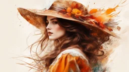 Vintage art, brown and orange shades, sunny day, straw hat for woman, summer dress, splashes of art, in the style of Dante Gabriel Rossetti, Yossi Kotler, Camilla D'Errico, masterpiece, fine art in the style of Carne Griffiths, Paula Hoppe