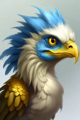 small dragon with an eagle head, light blue fur and golden vertical pupils