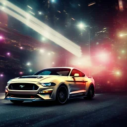 ford mustang, city. high speed. bokeh. lens flare. warm lights. high detailed