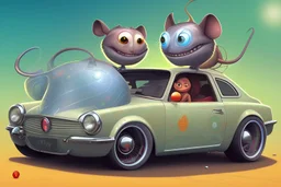 whimsical cartoon car with big eyes and its front grill forming a friendly smile, with a mouse character riding on it.