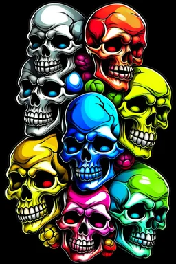 a stack of nearly anatomically correct cartoonish skulls, vivid colors, dark comedy, well lit, high detail,