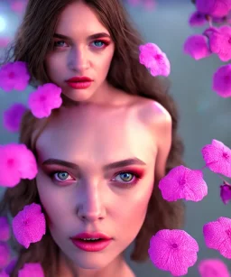 Realistic detailed perfect face portrait of a insane young beautiful woman top model in short open dress. Sensual, volumetric lighting, Unreal Engine 5, 3D Animation Quality, Octane Rendering. A masterpiece. There are water, flowers, vivid colors.