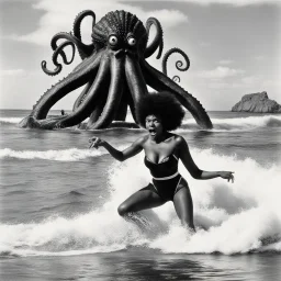 [art by Russ Meyer] In a vintage beach photo, a scared Afro-American lifeguard in a classic redcross swimsuit is grabbed by a terrifying octopus monster emerging from the waves. Her expression of shock and fear is frozen in time as the monstrous creature's tentacles wrap around her. The juxtaposition of the retro setting and surreal horror creates a spine-tingling scene of eerie nostalgia. Despite the absurdity, the lifeguard's bravery shines through as she faces off against the menacing octopus