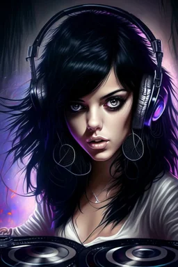 Raven Haired Grey eyed Beautiful DJ girl spinning tunes at a disco club