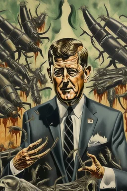 President John F. Kennedy painted with 6 arms like cockroach with many heads