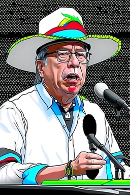 Ilustración vectorial de Gustavo Petro con gorra deportiva camisa, hablando tranquilamente con micrófono, colores negro, blanco y rojo, fondo negro