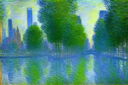 City near trees, sci-fi, Photography, hyperrealism, hd, claude monet imretrowave painting