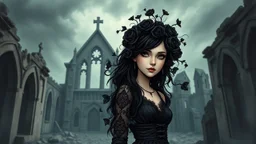 In a dramatic cinematic scene, a surreal goth young woman stands tall in the ruins of an ancient chapel, her hair a tumultuous array of black rose vines intertwined with realistic black velvet and lace rose petals. Her dark eyes pierce the gloom, capturing the essence of a storm brewing in the background. The scene is brought to life with a blend of black ink and weet ink, creating a cartoonish yet detailed and realistic portrait. The chapel is painted with a blurred paint effect, contributing t
