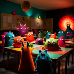 monsters in a classroom, made of felt, volumetric light, hypermaximalist, odd, paranoic light