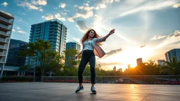 beautiful lady with makeup in pants and pretty shirt curvy long hair sport shoes dancing in a open stage in a modern city cnter ,flowers and trees ,blue sky ,pretty clouds,sunset golden hour