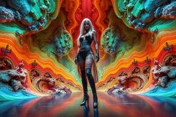 beautiful fuubody with long boots lady in sureal stage made of fractal random size sphers with helical strip colors in clothing similar to environment fullbody posing to camera