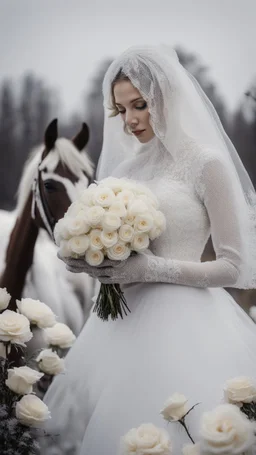 Snowman in a field of white roses and snow . wearing a bride lace veil.Horses in the background.blur background.cinematic photo.dark mood