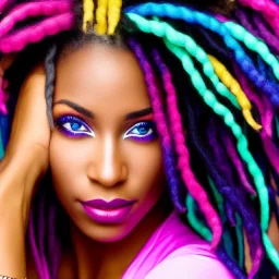 portrait of a beautiful black woman, with dreads, blue eyes, silver skin glow, colorful hair