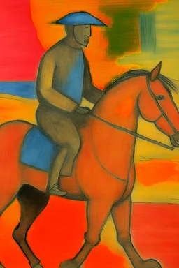 Man on horseback in the style of Paul Klee, Degas, pastel chalk with thin sketchy lines, vibrant colours, ink transfer