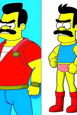 The Immortal from Invincible mixed with the face and moustache of Uncle Grandpa from Cartoon Network, he also has Homer simpsons hair. He has a red fannypack on the exterior of his outfit. He has a normal skintone and wears a superhero suit. It is in the style of Tatsuki Fujimoto