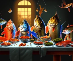 supper, fish sit at the table and eat pieces of people.