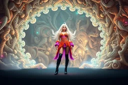 beautiful fuubody with long boots lady in sureal stage made of fractal random size sphers with helical strip colors in clothing similar to environment fullbody posing to camera