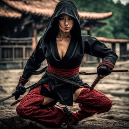 Behold the powerful alluring and pretty ninja woman, her body adorned with the traditional ninja costume, HDR, beautifully shot, hyperrealistic, sharp focus, 64 megapixels, perfect composition, high contrast, cinematic, atmospheric, moody