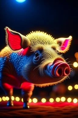 cute hog in circus, 4k, backlite, depth of field, photorealism