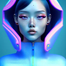 asian woman teenager, few freckles, padded coat, retro futuristic, latex dress, gradient color, BLUE, PINK, CYAN, neon, insanely detailed, 16k resolution, perfect eyes, cinematic smooth, intricate detail