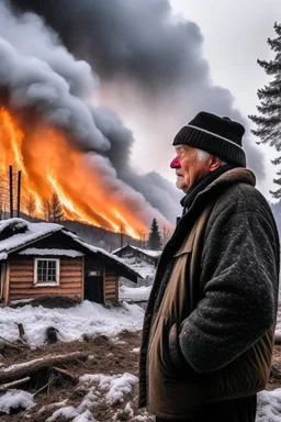 old man watching his house burn down on a snowing mountain