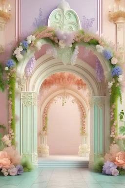 Imagine a picturesque 2D palace arch, adorned with delicate floral arrangements, intricate lace-like patterns, and shimmering accents, designed to enchant and captivate guests at a wedding celebration. Your task is to generate a series of creative and beautiful 2D palace arch images suitable for wedding decoration. Consider incorporating elements such as cascading blooms, ornate filigree, soft pastel hues, and ethereal lighting to evoke an atmosphere of romance and elegance. Let your imagination