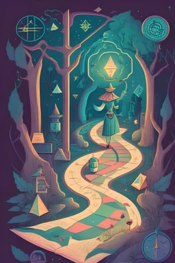 an illustration of a magical path with a wage covered fortune teller and some medical theme