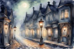 Prompt: a lantern glowing softly on a cobblestone street, mist swirling, with old Victorian houses lining the path, watercolor, mysterious, nocturnal