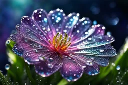 spring dew, macro photo, sparkling magical fantasy, glass flower dewdrop, very detailed, amazing quality, etheral, intricate, cinematic light, highly detailed, beautiful, epic, galaxy fantasy colors, stunning