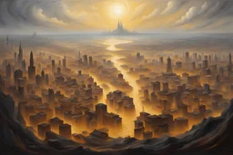 oil painting of a city of gold That lies in the deep distance