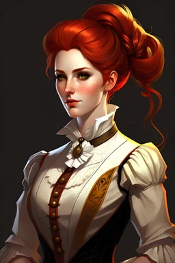 Digital art portrait of a British aristocrat woman with reddish hair in a high ponytail, wearing a loose white blouse and corset, in steampunk style.