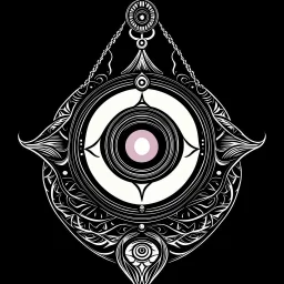 Make black and white cute drawing of a Mystic Amulet with black bold lines. Only outline, no grayscale. An elegant amulet with a glowing gem at its center, hanging on a chain. Surround it with magical light swirls.