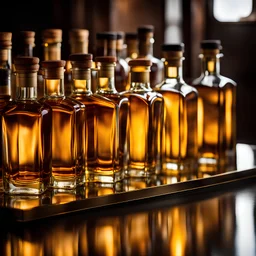 photography of several whiskey bottles from an upward angle inside a mirrored box. golden lights and reflections.